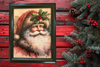 Vintage Wood Frame Decoupage On Glass SANTA HOLLY ON HAT WITH BLING Christmas Wall Art Shelf Sitter Gift Idea One of a Kind-Unique-Home-Country-Cottage Chic Decor-JAMsCraftCloset