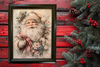 Vintage Wood Frame Decoupage On Glass SANTA PINK FLORAL Christmas Wall Art Shelf Sitter Gift Idea One of a Kind-Unique-Home-Country-Cottage Chic Decor-JAMsCraftCloset