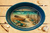 SMALL METAL AQUA OVAL CAKE PAN Beach Coastal Home Decor BOAT FENCE AQUA BLUE WHITE FLOWERS Wall Art Shelf Sitter DECOUPAGE Handmade Gift Idea {{ JAMsCraftCloset }}