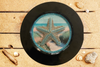 PLATE CHARGER BLACK PLASTIC ROUND DECOUPAGED Upcycled Repurposed Wall Art or Shelf Sitter BEJEWELED STARFISH Beach Coastal Home Decor Gift - JAMsCraftCloset