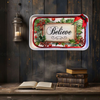 Metal Tray WHITE - CHRISTMAS - BELIEVE -Holly and Berries - HOLIDAY Wall Art Shelf Sitter Handmade Decoupaged Upcycled Metal Tray Gift- JAMsCraftCloset