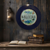 PLATE CHARGER NAVY BLUE PLASTIC ROUND DECOUPAGED Upcycled Repurposed Wall Art or Shelf Sitter WELCOME Decor Kitchen Decor Home Decor Wall Art Gift WEDDING - JAMsCraftCloset
