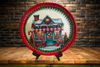 TRAY RED GREEN PLASTIC ROUND Decoupaged Hand Painted Upcycled Repurposed Wall Art CHRISTMAS CANDY CANE HOUSE Home Decor Christmas Wall Art Shelf Sitter Gift - JAMsCraftCloset