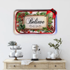 Metal Tray WHITE - CHRISTMAS - BELIEVE -Holly and Berries - HOLIDAY Wall Art Shelf Sitter Handmade Decoupaged Upcycled Metal Tray Gift- JAMsCraftCloset