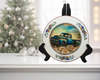 Glass PLATE Round BLUE FARM TRUCK - DASIES Country Farmhouse Kitchen Shelf Sitter Handmade Decoupaged Repurposed Upcycled Birthday Gift Idea - JAMsCraftCloset