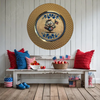 PLATE CHARGER GOLD PLASTIC ROUND DECOUPAGED Upcycled Repurposed Wall Art or Shelf Sitter PATRIOTIC CHICK WITH FLAG 4TH OF JULY Decor Kitchen Decor Home Decor Wall Art Gift WEDDING