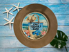 PLATE CHARGER LIGHT BROWN WOOD GRAIN PLASTIC ROUND DECOUPAGED Upcycled Repurposed Wall Art or Shelf Sitter ON BEACH TIME Beach Coastal Home Decor Gift - JAMsCraftCloset