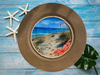 PLATE CHARGER LIGHT BROWN WOOD GRAIN PLASTIC ROUND DECOUPAGED Upcycled Repurposed Wall Art or Shelf Sitter HAPPIEST BY THE SEA Beach Coastal Home Decor Gift - JAMsCraftCloset