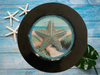 PLATE CHARGER BLACK PLASTIC ROUND DECOUPAGED Upcycled Repurposed Wall Art or Shelf Sitter BEJEWELED STARFISH Beach Coastal Home Decor Gift - JAMsCraftCloset