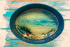 SMALL METAL AQUA OVAL CAKE PAN Beach Coastal Home Decor SEAGRASS SHELLS Wall Art Shelf Sitter DECOUPAGE Handmade Gift Idea {{ JAMsCraftCloset }}