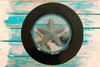 PLATE CHARGER BLACK PLASTIC ROUND DECOUPAGED Upcycled Repurposed Wall Art or Shelf Sitter BEJEWELED STARFISH Beach Coastal Home Decor Gift - JAMsCraftCloset