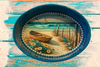 SMALL METAL AQUA OVAL CAKE PAN Beach Coastal Home Decor BOAT FENCE AQUA BLUE WHITE FLOWERS Wall Art Shelf Sitter DECOUPAGE Handmade Gift Idea {{ JAMsCraftCloset }}
