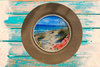 PLATE CHARGER LIGHT BROWN WOOD GRAIN PLASTIC ROUND DECOUPAGED Upcycled Repurposed Wall Art or Shelf Sitter HAPPIEST BY THE SEA Beach Coastal Home Decor Gift - JAMsCraftCloset