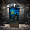 GLASS RECTANGLE BLOCK Halloween Decor Shelf Sitter Hand Painted Decoupaged HAUNTED HOUSES 2 Black Gold Dot Bow - REVERSIBLE Aqua Bow Gift Idea