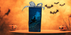 GLASS RECTANGLE BLOCK Halloween Decor Shelf Sitter Hand Painted Decoupaged FLYING WITCHES - REVERSIBLE Gray Sparkly Bow Gift Idea - JAMsCraftCloset