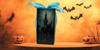 GLASS RECTANGLE BLOCK Halloween Decor Shelf Sitter Hand Painted Decoupaged HAUNTED HOUSES - REVERSIBLE Aqua Bow Gift Idea - JAMsCraftCloset