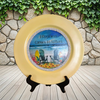 CHARGER PLATE YELLOW PLASTIC ROUND BEACH THEME - DECOUPAGED Upcycled Repurposed Wall Art or Shelf Sitter HAPPINESS COMES IN WAVES Home Decor Gift - JAMsCraftCloset