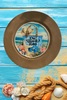 PLATE CHARGER LIGHT BROWN WOOD GRAIN PLASTIC ROUND DECOUPAGED Upcycled Repurposed Wall Art or Shelf Sitter ON BEACH TIME Beach Coastal Home Decor Gift - JAMsCraftCloset