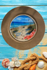 PLATE CHARGER LIGHT BROWN WOOD GRAIN PLASTIC ROUND DECOUPAGED Upcycled Repurposed Wall Art or Shelf Sitter HAPPIEST BY THE SEA Beach Coastal Home Decor Gift - JAMsCraftCloset