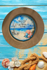 PLATE CHARGER LIGHT BROWN WOOD GRAIN PLASTIC ROUND DECOUPAGED Upcycled Repurposed Wall Art or Shelf Sitter KIND OF PEACE SALTWATER BRINGS Beach Coastal Home Decor Gift - JAMsCraftCloset