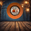 PLATE CHARGER ORANGE PLASTIC ROUND DECOUPAGED Upcycled Repurposed Wall Art or Shelf Sitter I GHOST PEOPLE ALL YEAR ROUND Halloween Decor Home Decor Gift {{ JAMsCraftCloset }}