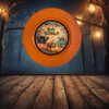 PLATE CHARGER ORANGE PLASTIC ROUND DECOUPAGED Upcycled Repurposed Wall Art or Shelf Sitter HAPPY HALLOWEEN PUMPKINS BAT MOUSE Halloween Decor Home Decor Gift {{ JAMsCraftCloset }}