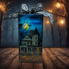 GLASS RECTANGLE BLOCK Halloween Decor Shelf Sitter Hand Painted Decoupaged HAUNTED HOUSES 2 Black Gold Dot Bow - REVERSIBLE Aqua Bow Gift Idea