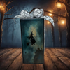 GLASS RECTANGLE BLOCK Halloween Decor Shelf Sitter Hand Painted Decoupaged FLYING WITCHES - REVERSIBLE Gray Sparkly Bow Gift Idea - JAMsCraftCloset