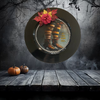 PLATE CHARGER BLACK PLASTIC ROUND DECOUPAGED Upcycled Repurposed Wall Art or Shelf Sitter WITCH'S LEGS - IF THE SHOE FITS Halloween Decor Home Decor Gift {{ JAMsCraftCloset }}