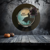 PLATE CHARGER BLACK PLASTIC ROUND DECOUPAGED Upcycled Repurposed Wall Art or Shelf Sitter WITCH ON LEDGE WITH BROOM Halloween Decor Home Decor Gift {{ JAMsCraftCloset }}