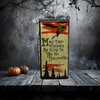 GLASS RECTANGLE BLOCK Halloween Decor Shelf Sitter Hand Painted Decoupaged PUMPKINS MOON BATS WITCH SAYING - REVERSIBLE Black Gold Dot Bow Gift Idea - JAMsCraftCloset