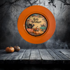 PLATE CHARGER ORANGE PLASTIC ROUND DECOUPAGED Upcycled Repurposed Wall Art or Shelf Sitter HAPPY HALLOWEEN PUMPKINS BAT MOUSE Halloween Decor Home Decor Gift {{ JAMsCraftCloset }}