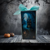 GLASS RECTANGLE BLOCK Halloween Decor Shelf Sitter Hand Painted Decoupaged HAUNTED HOUSES - REVERSIBLE Aqua Bow Gift Idea - JAMsCraftCloset