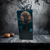 GLASS RECTANGLE BLOCK Halloween Decor Shelf Sitter Hand Painted Decoupaged HAUNTED HOUSES 2 Black Gold Dot Bow - REVERSIBLE Aqua Bow Gift Idea