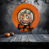 PLATE CHARGER ORANGE PLASTIC ROUND DECOUPAGED Upcycled Repurposed Wall Art or Shelf Sitter FUNKY PUMPKIN WITH BOW Halloween Decor Home Decor Gift {{ JAMsCraftCloset }}