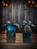 GLASS RECTANGLE BLOCK Halloween Decor Shelf Sitter Hand Painted Decoupaged HAUNTED HOUSES 2 Black Gold Dot Bow - REVERSIBLE Aqua Bow Gift Idea