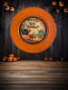 PLATE CHARGER ORANGE PLASTIC ROUND DECOUPAGED Upcycled Repurposed Wall Art or Shelf Sitter HAPPY HALLOWEEN PUMPKINS BAT MOUSE Halloween Decor Home Decor Gift {{ JAMsCraftCloset }}