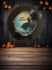 PLATE CHARGER BLACK PLASTIC ROUND DECOUPAGED Upcycled Repurposed Wall Art or Shelf Sitter WITCH ON LEDGE WITH BROOM Halloween Decor Home Decor Gift {{ JAMsCraftCloset }}