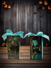 GLASS RECTANGLE BLOCK Halloween Decor Shelf Sitter Hand Painted Decoupaged BLUE WITCH - ROOT WITCH - REVERSIBLE Aqua Bow Gift Idea - JAMsCraftCloset