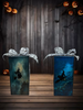 GLASS RECTANGLE BLOCK Halloween Decor Shelf Sitter Hand Painted Decoupaged FLYING WITCHES - REVERSIBLE Gray Sparkly Bow Gift Idea - JAMsCraftCloset