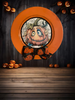 PLATE CHARGER ORANGE PLASTIC ROUND DECOUPAGED Upcycled Repurposed Wall Art or Shelf Sitter FUNKY PUMPKIN WITH BOW Halloween Decor Home Decor Gift {{ JAMsCraftCloset }}