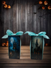 GLASS RECTANGLE BLOCK Halloween Decor Shelf Sitter Hand Painted Decoupaged HAUNTED HOUSES - REVERSIBLE Aqua Bow Gift Idea - JAMsCraftCloset