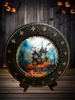 CHARGER PLATE BLACK PLASTIC ROUND Halloweens DECOUPAGED Upcycled Repurposed Wall Art or Shelf Sitter ENTER IF YOU DARE Holiday Home Decor Gift - JAMsCraftCloset