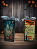 GLASS RECTANGLE BLOCK Halloween Decor Shelf Sitter Hand Painted Decoupaged PUMPKINS MOON BATS WITCH SAYING - REVERSIBLE Black Gold Dot Bow Gift Idea - JAMsCraftCloset
