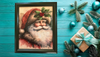 Vintage Wood Frame Decoupage On Glass SANTA HOLLY ON HAT WITH BLING Christmas Wall Art Shelf Sitter Gift Idea One of a Kind-Unique-Home-Country-Cottage Chic Decor-JAMsCraftCloset