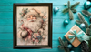 Vintage Wood Frame Decoupage On Glass SANTA PINK FLORAL Christmas Wall Art Shelf Sitter Gift Idea One of a Kind-Unique-Home-Country-Cottage Chic Decor-JAMsCraftCloset