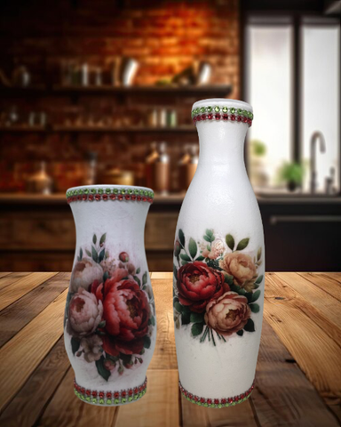 Glass SMALL BUD VASES Decoupaged PEONIES Wedding Decor Shelf Sitter Vase Shabby Chic Victorian BoHo Decor Gift Idea - JAMsCraftCloset