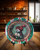 TRAY RED AQUA TEAL PLASTIC ROUND Decoupaged Hand Painted Upcycled Repurposed Wall Art SNOWMAN Home Decor Christmas Wall Art Shelf Sitter Gift - JAMsCraftCloset