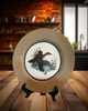 CHARGER PLATE Tan BURLAP Covered PLASTIC ROUND - DUCK FLYING RIGHT - CRANSTON FABRIC PRINT DECOUPAGE Upcycled Wall Art - Shelf Sitter Man Cave Home Decor Gift - JAMsCraftCloset