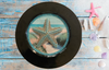 PLATE CHARGER BLACK PLASTIC ROUND DECOUPAGED Upcycled Repurposed Wall Art or Shelf Sitter BEJEWELED STARFISH Beach Coastal Home Decor Gift - JAMsCraftCloset